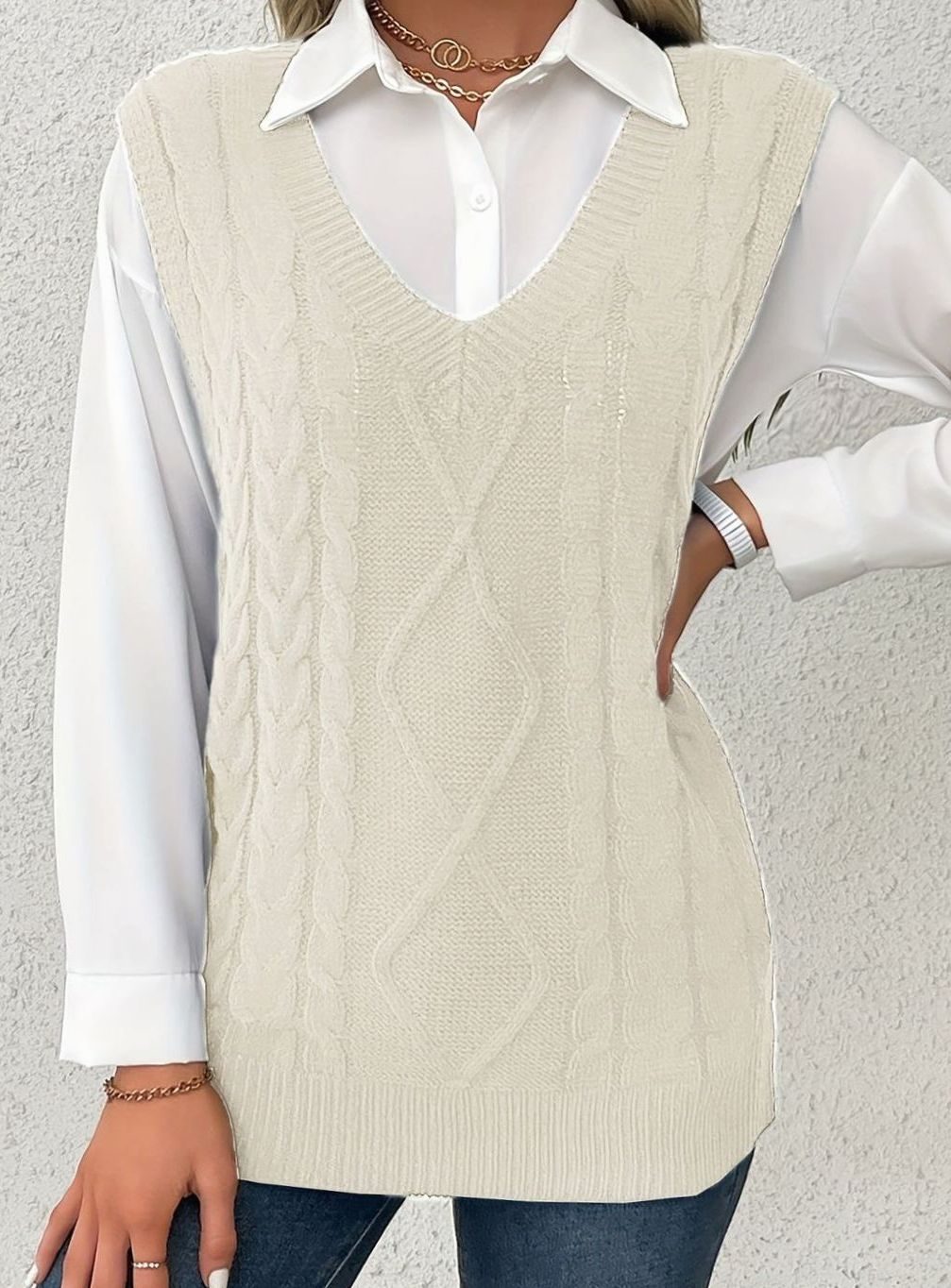 Camila | Women's Cable-Knit V-Neck Sweater Vest Relaxed Fit