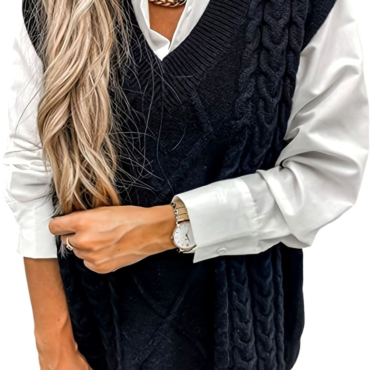 Camila | Women's Cable-Knit V-Neck Sweater Vest Relaxed Fit