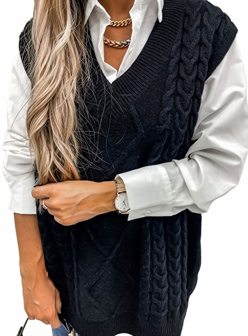 Camila | Women's Cable-Knit V-Neck Sweater Vest Relaxed Fit