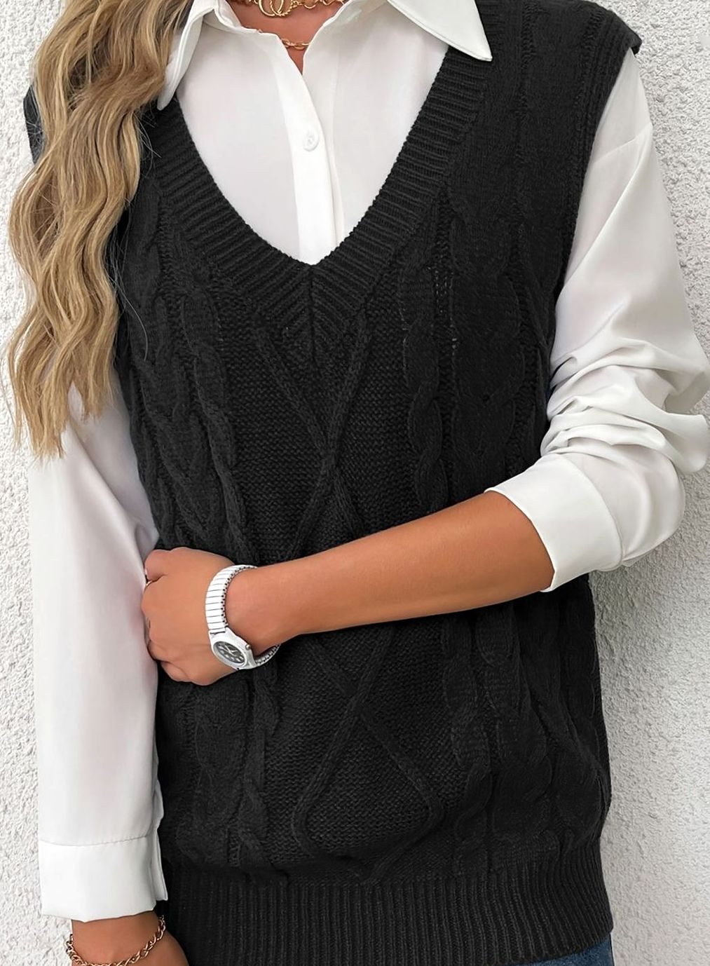 Camila | Women's Cable-Knit V-Neck Sweater Vest Relaxed Fit
