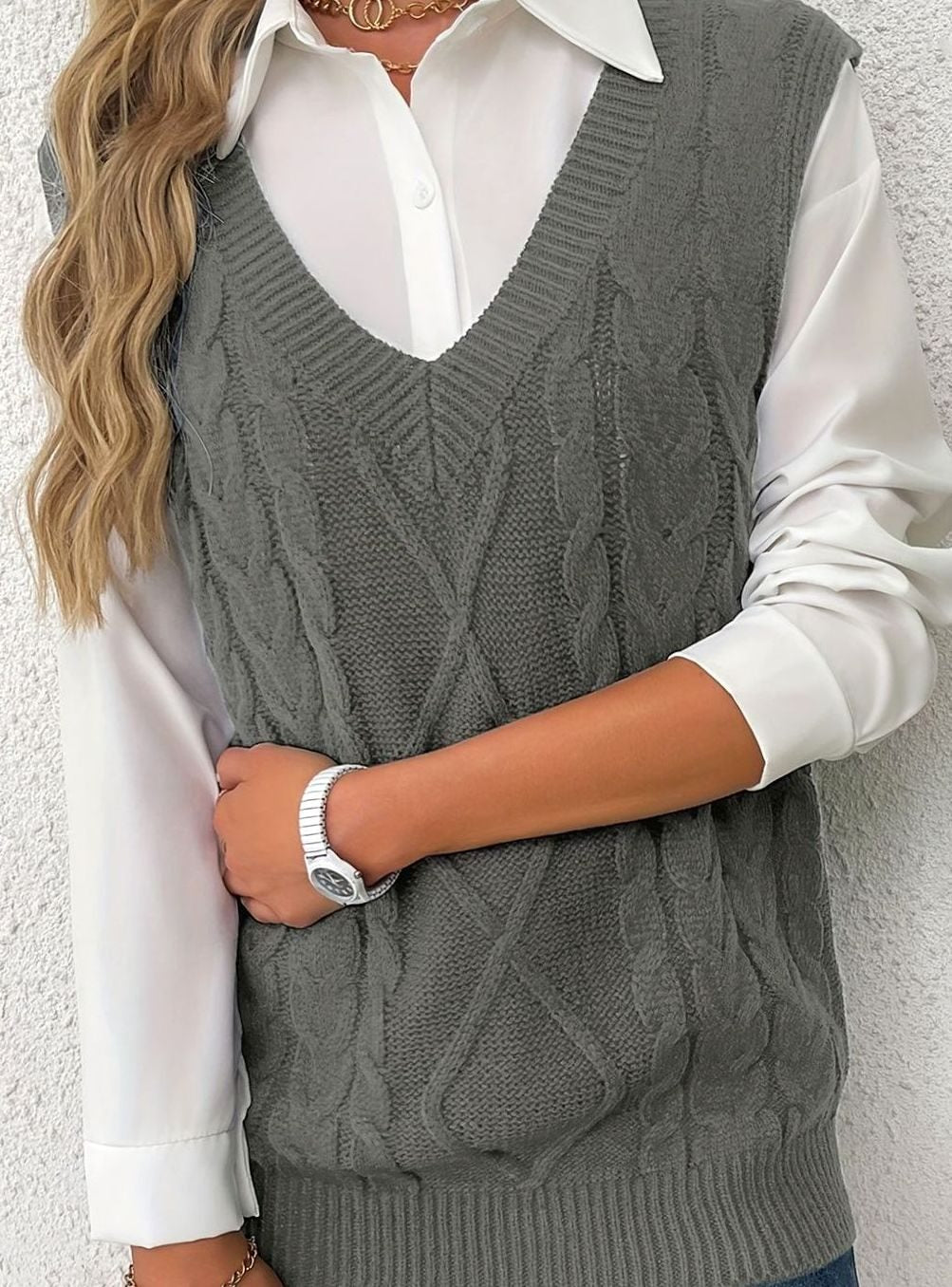 Camila | Women's Cable-Knit V-Neck Sweater Vest Relaxed Fit