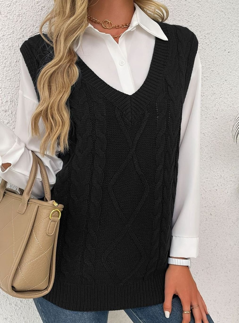 Camila | Women's Cable-Knit V-Neck Sweater Vest Relaxed Fit