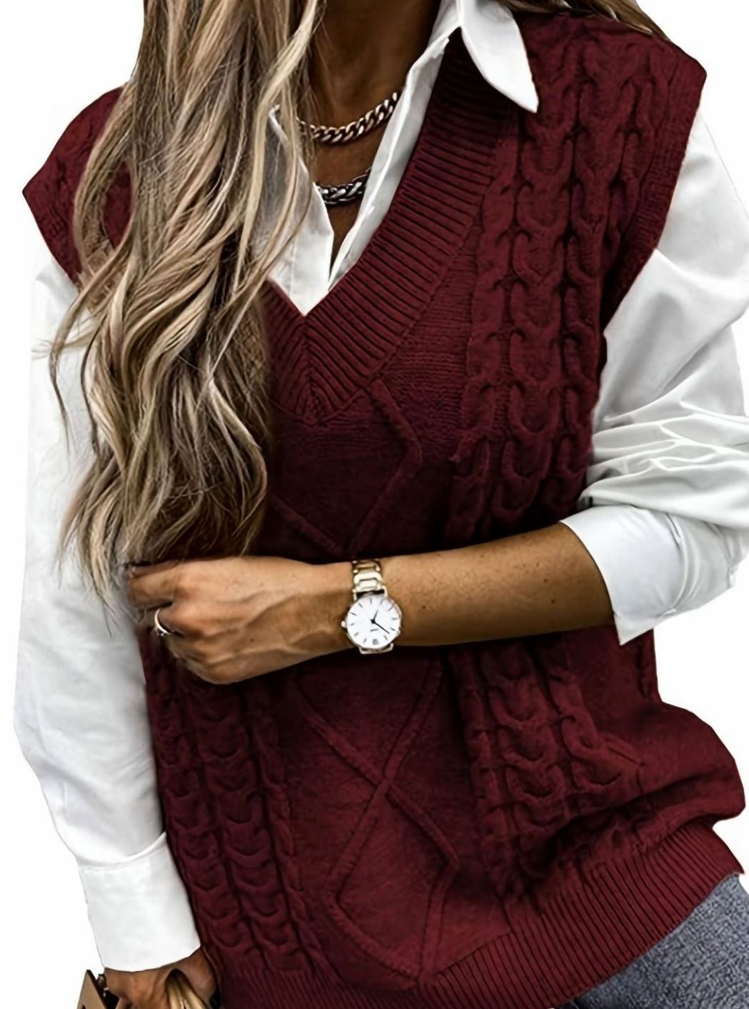Camila | Women's Cable-Knit V-Neck Sweater Vest Relaxed Fit
