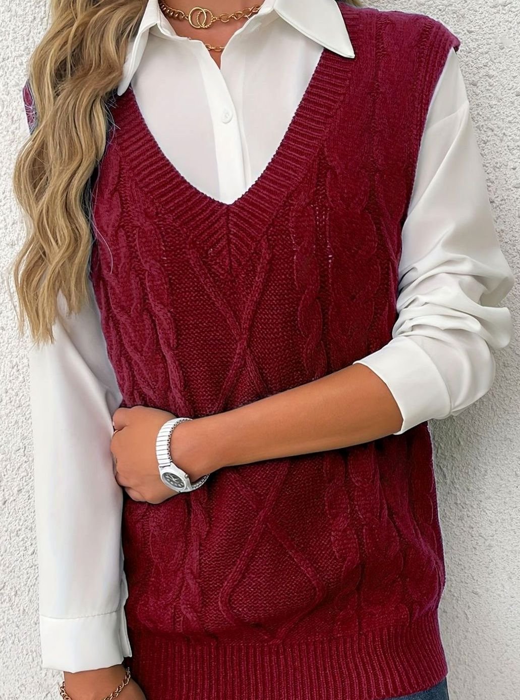 Camila | Women's Cable-Knit V-Neck Sweater Vest Relaxed Fit