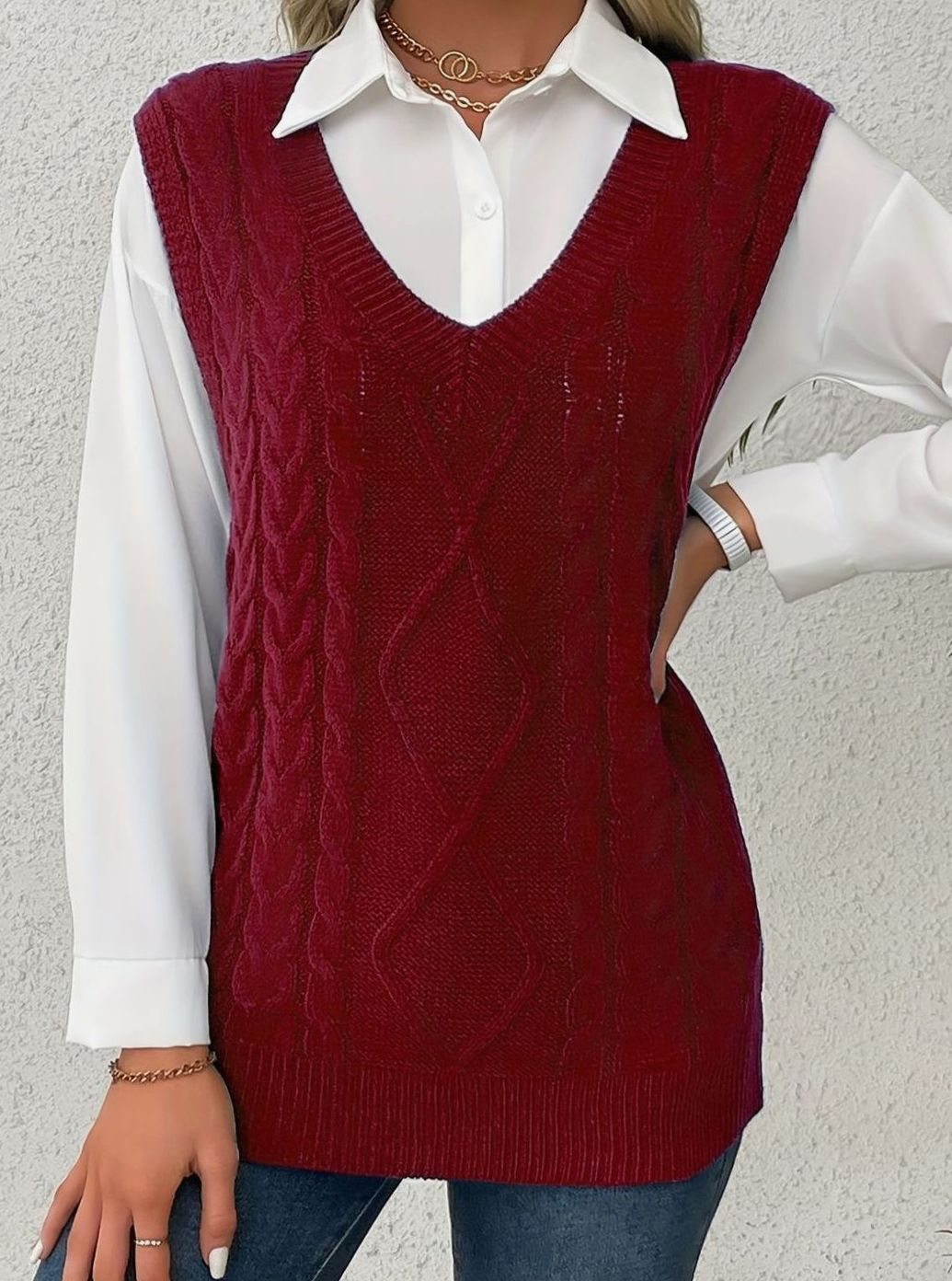 Camila | Women's Cable-Knit V-Neck Sweater Vest Relaxed Fit