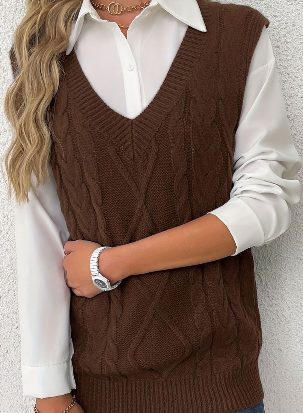 Camila | Women's Cable-Knit V-Neck Sweater Vest Relaxed Fit