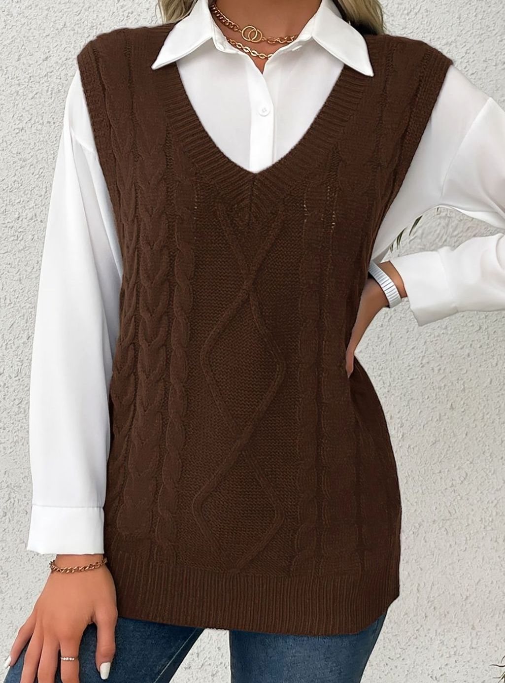 Camila | Women's Cable-Knit V-Neck Sweater Vest Relaxed Fit