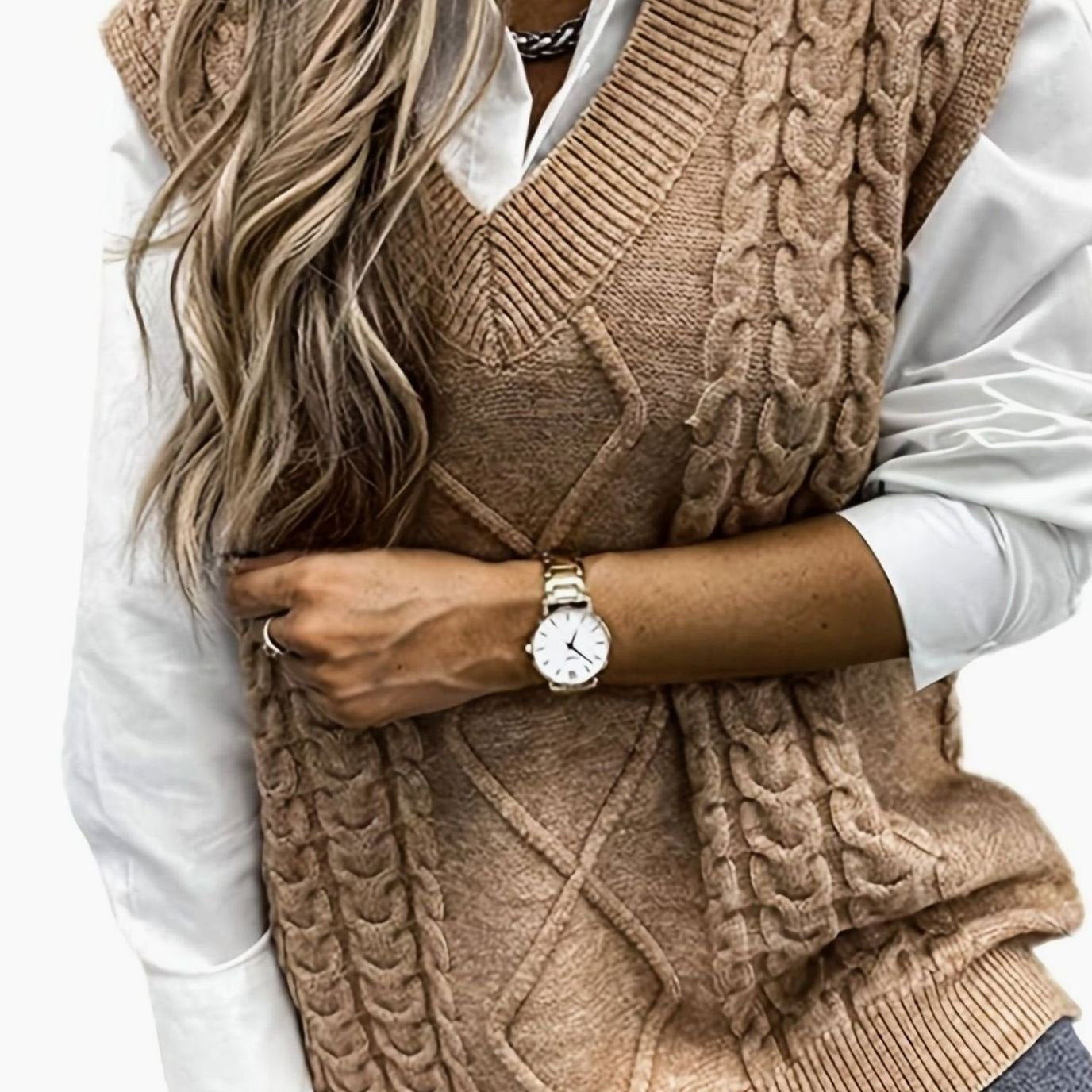 Camila | Women's Cable-Knit V-Neck Sweater Vest Relaxed Fit