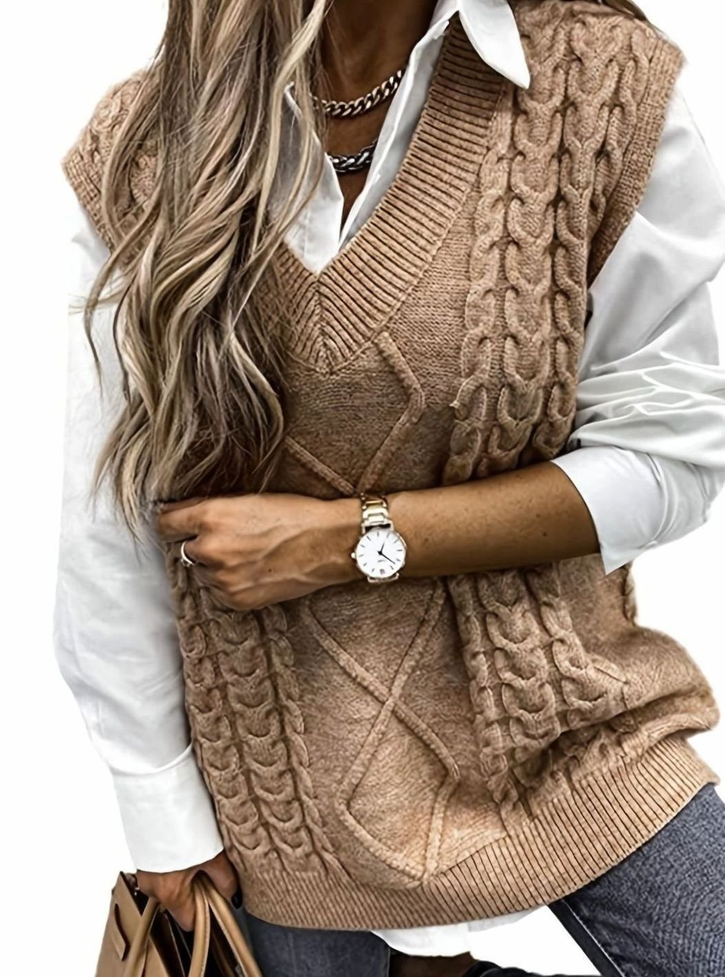 Camila | Women's Cable-Knit V-Neck Sweater Vest Relaxed Fit