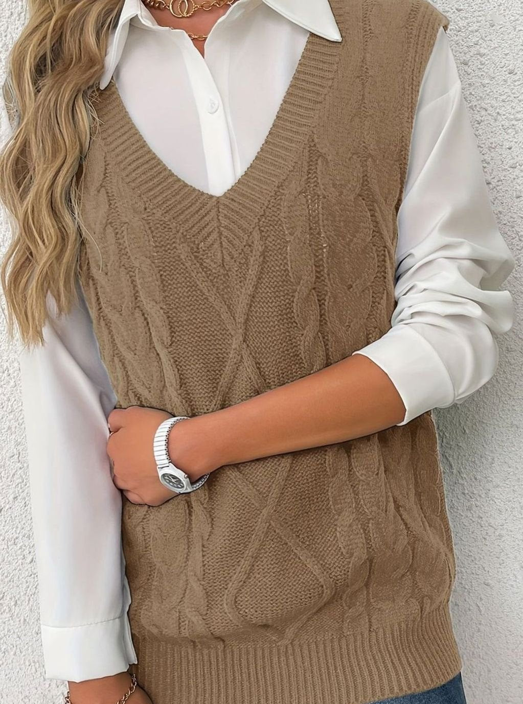 Camila | Women's Cable-Knit V-Neck Sweater Vest Relaxed Fit