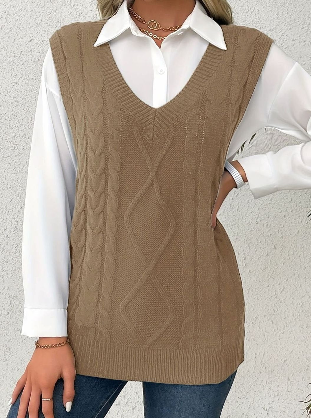 Camila | Women's Cable-Knit V-Neck Sweater Vest Relaxed Fit