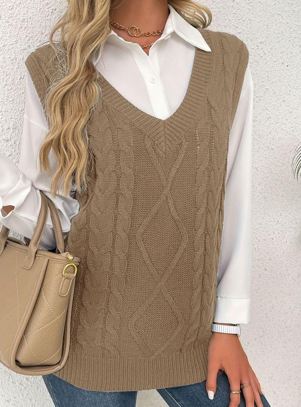 Camila | Women's Cable-Knit V-Neck Sweater Vest Relaxed Fit