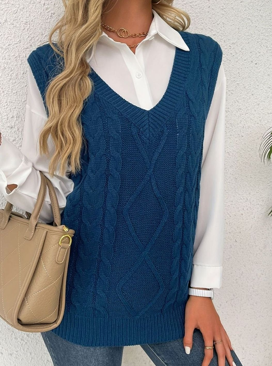 Camila | Women's Cable-Knit V-Neck Sweater Vest Relaxed Fit
