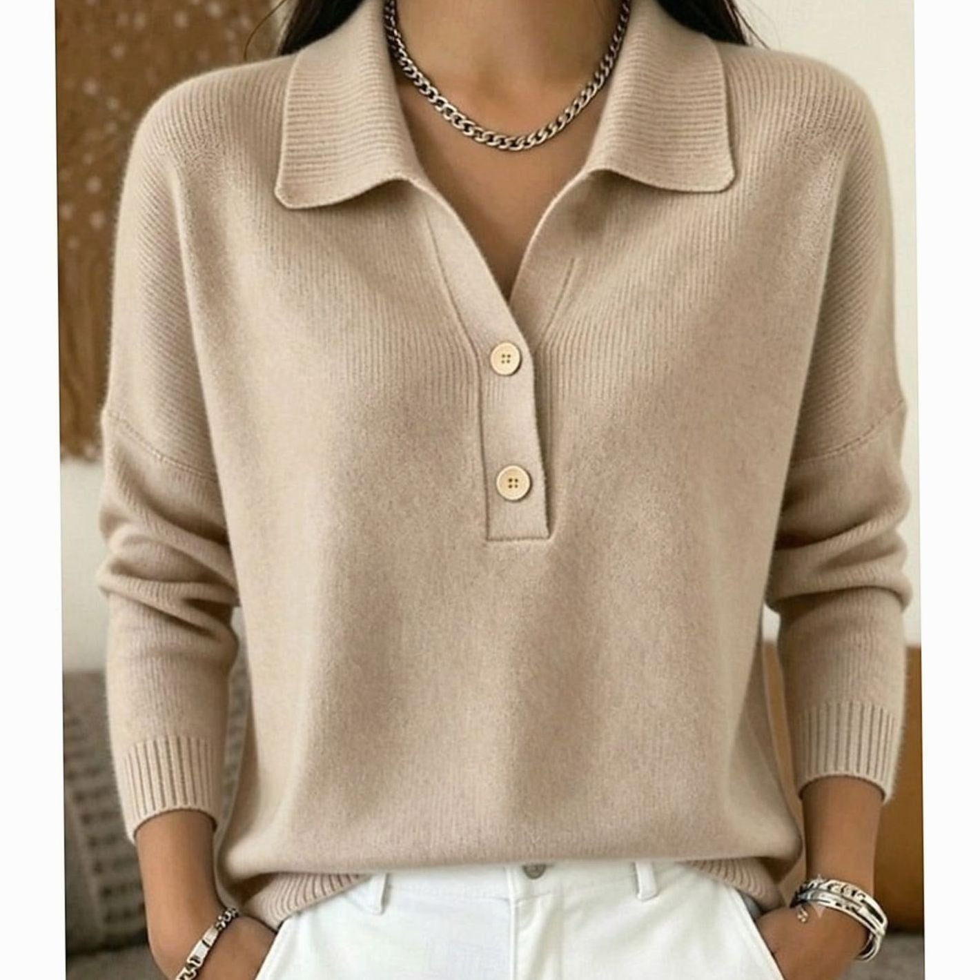 Emma | Women's Collared Button-Placket Knit Pullover Sweater