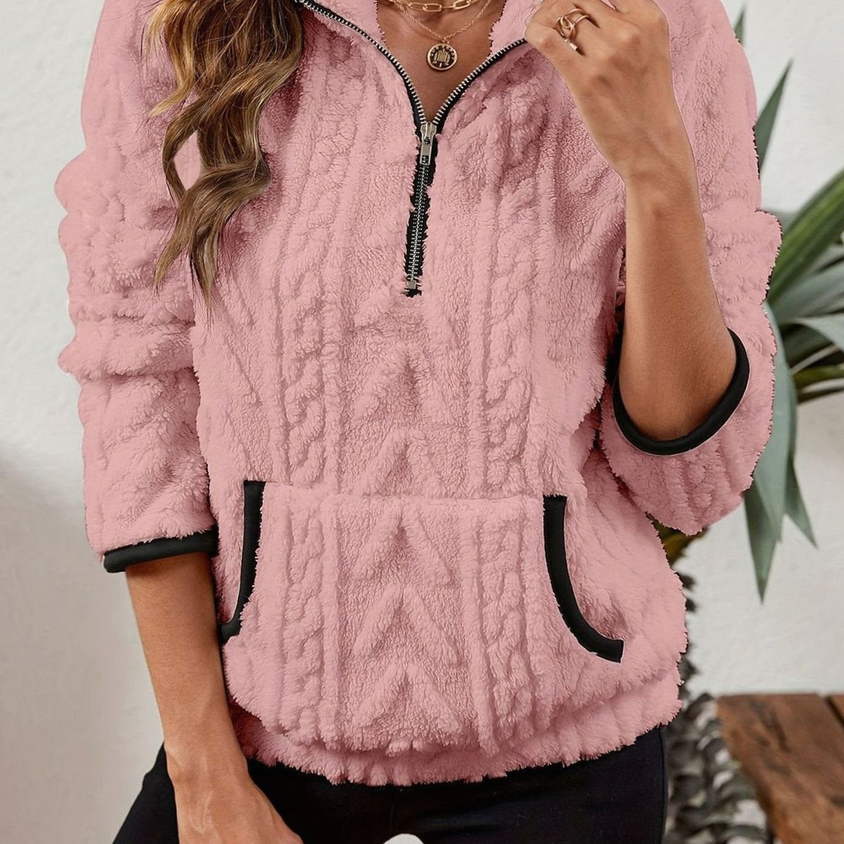 Madison | Women's Cozy Fleece Half-Zip Kangaroo Pocket Pullover Sweater