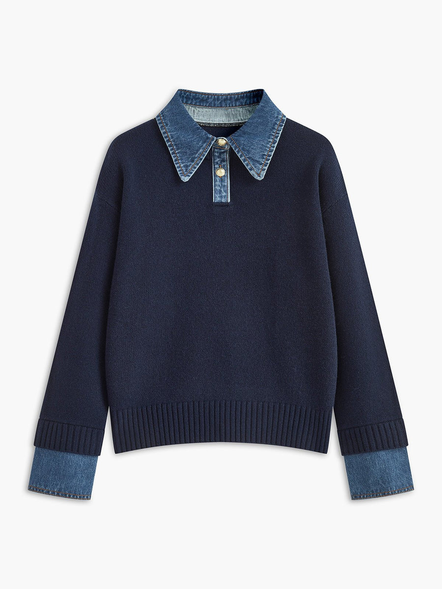 Mia | Women's Denim-Collar Knit Polo Sweater