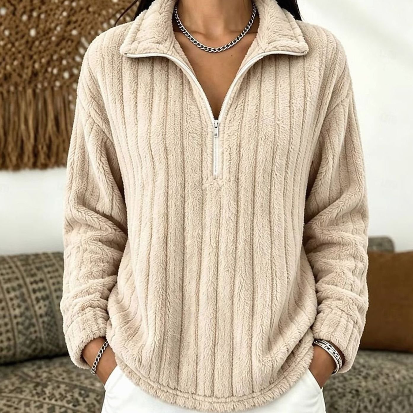 Evelyn | Women's Fleece Quarter-Zip Pullover Sweater Ribbed Plush Top
