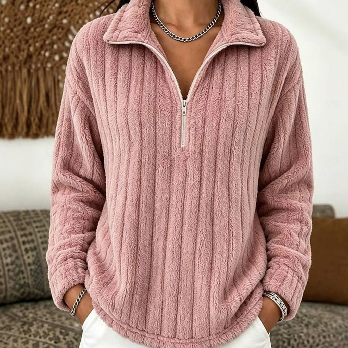Evelyn | Women's Fleece Quarter-Zip Pullover Sweater Ribbed Plush Top