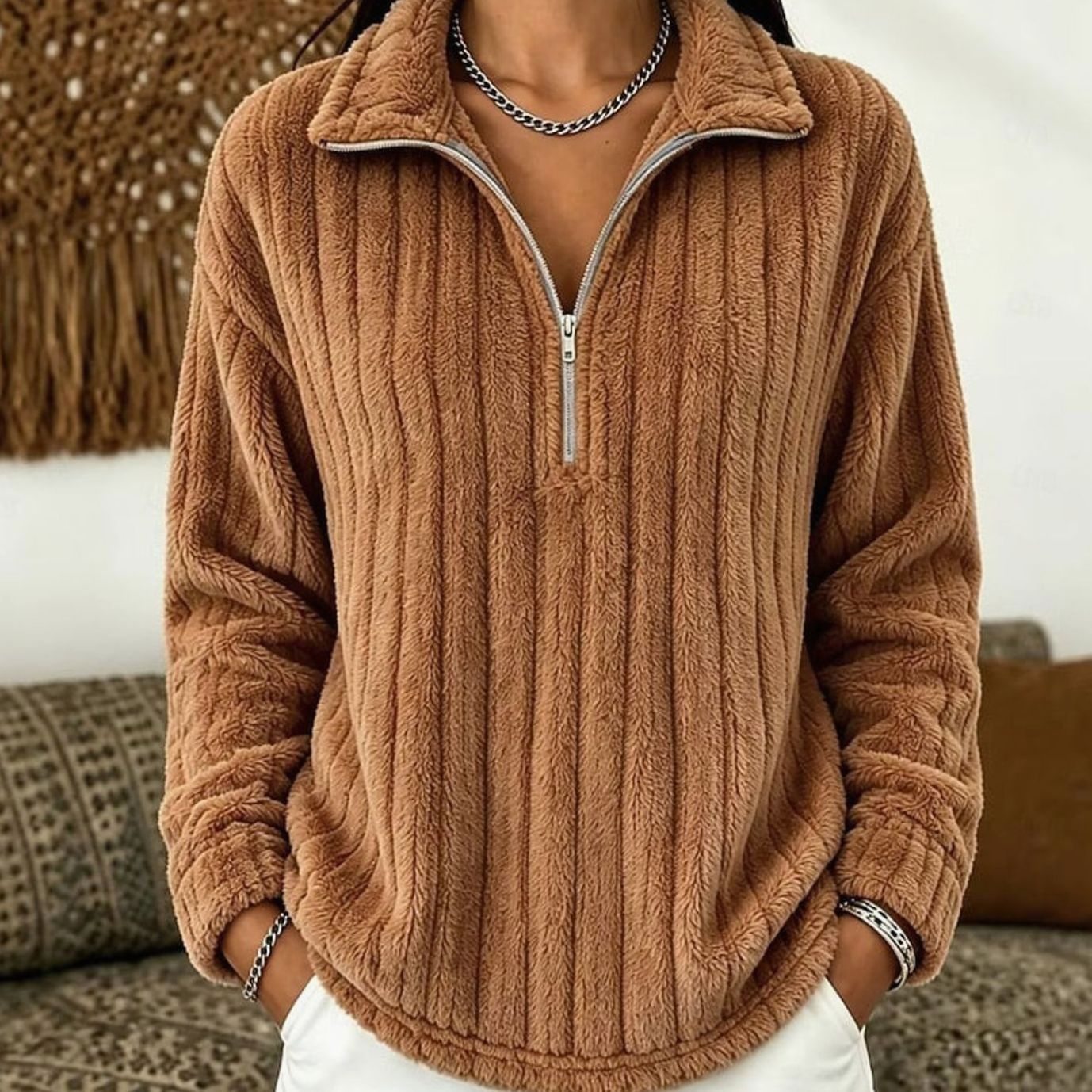 Evelyn | Women's Fleece Quarter-Zip Pullover Sweater Ribbed Plush Top