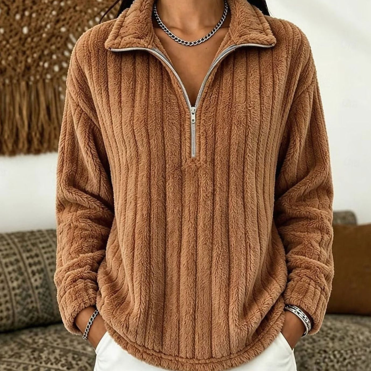 Evelyn | Women's Fleece Quarter-Zip Pullover Sweater Ribbed Plush Top