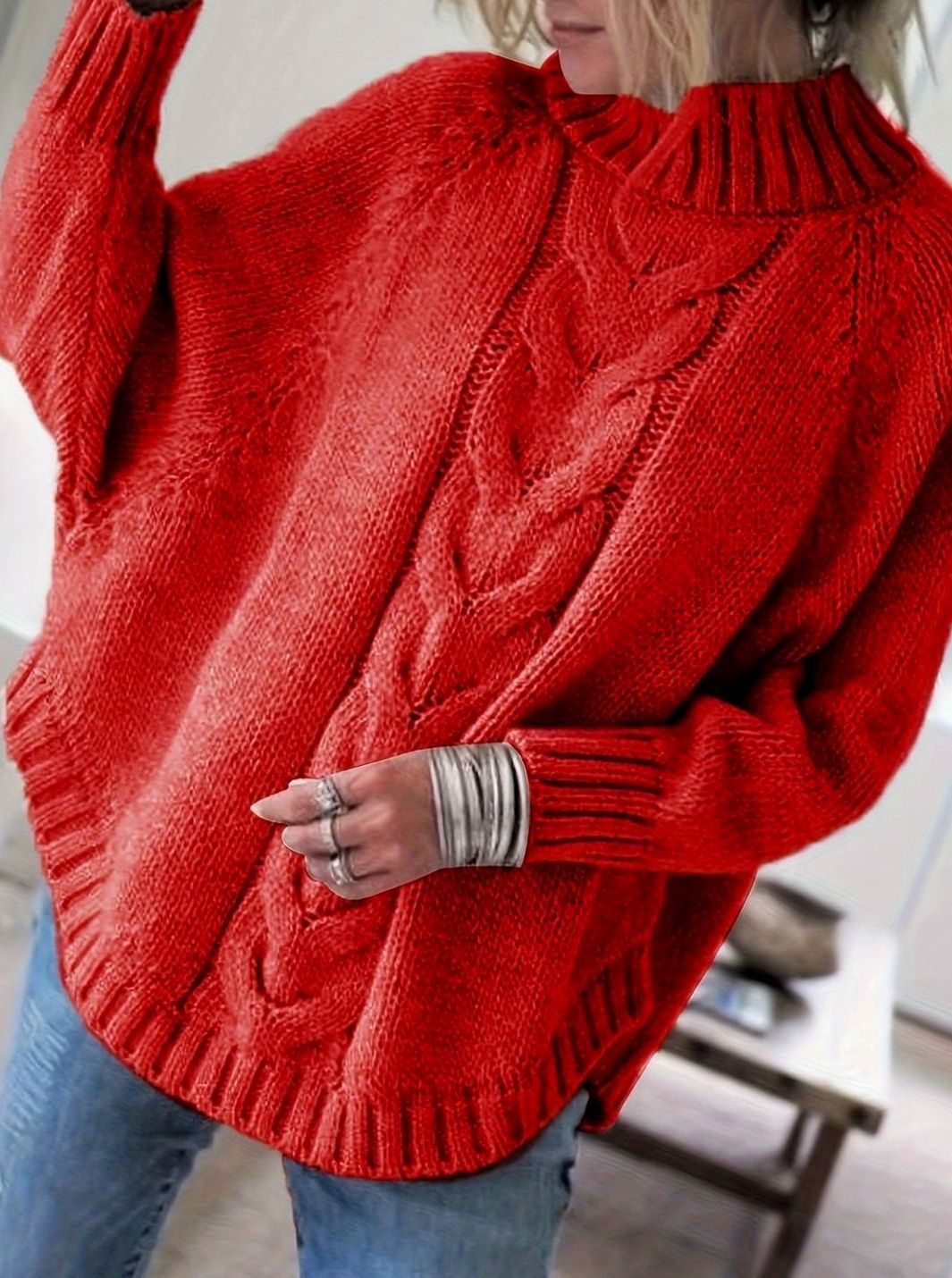 Olivia | Women's Oversized Cable Knit High-Neck Sweater