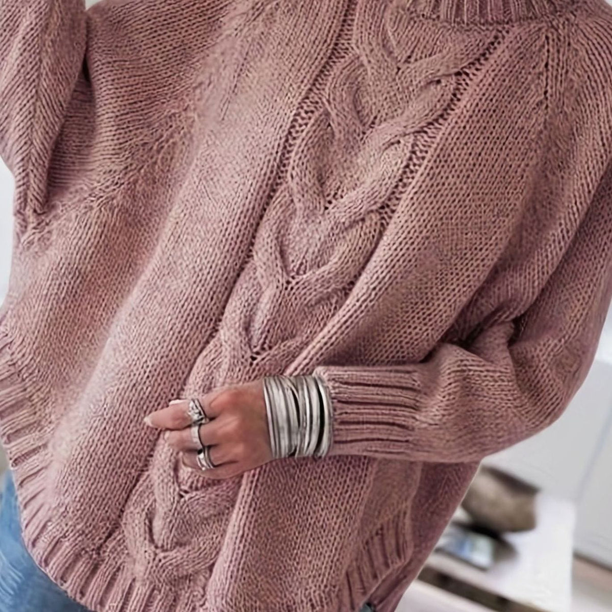 Olivia | Women's Oversized Cable Knit High-Neck Sweater