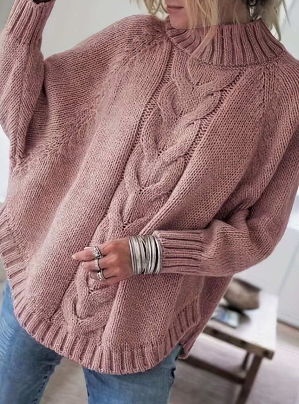 Olivia | Women's Oversized Cable Knit High-Neck Sweater