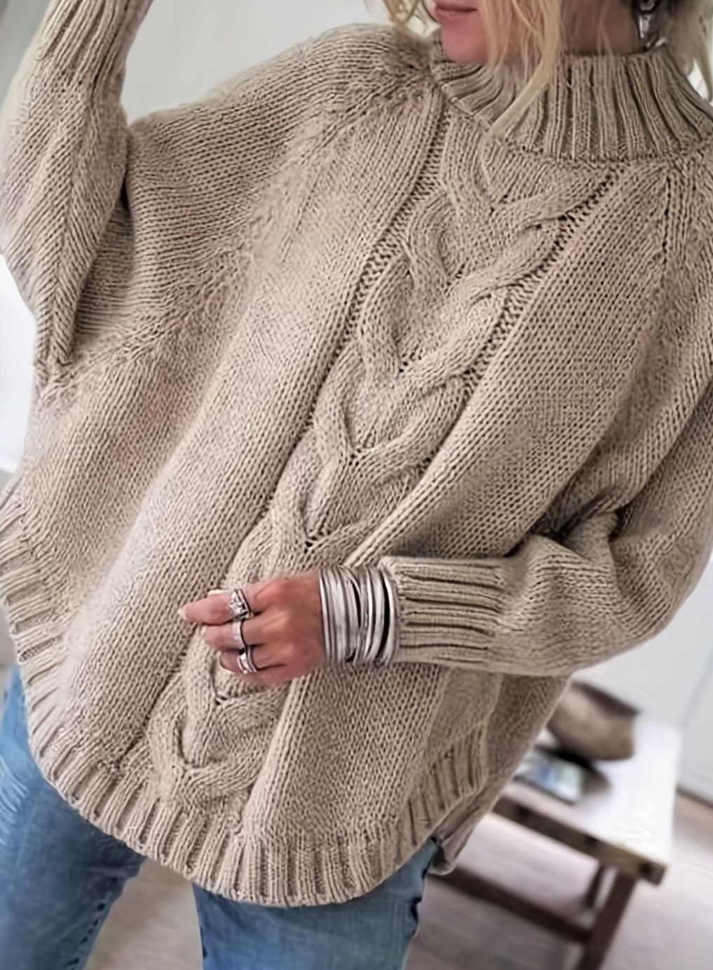 Olivia | Women's Oversized Cable Knit High-Neck Sweater