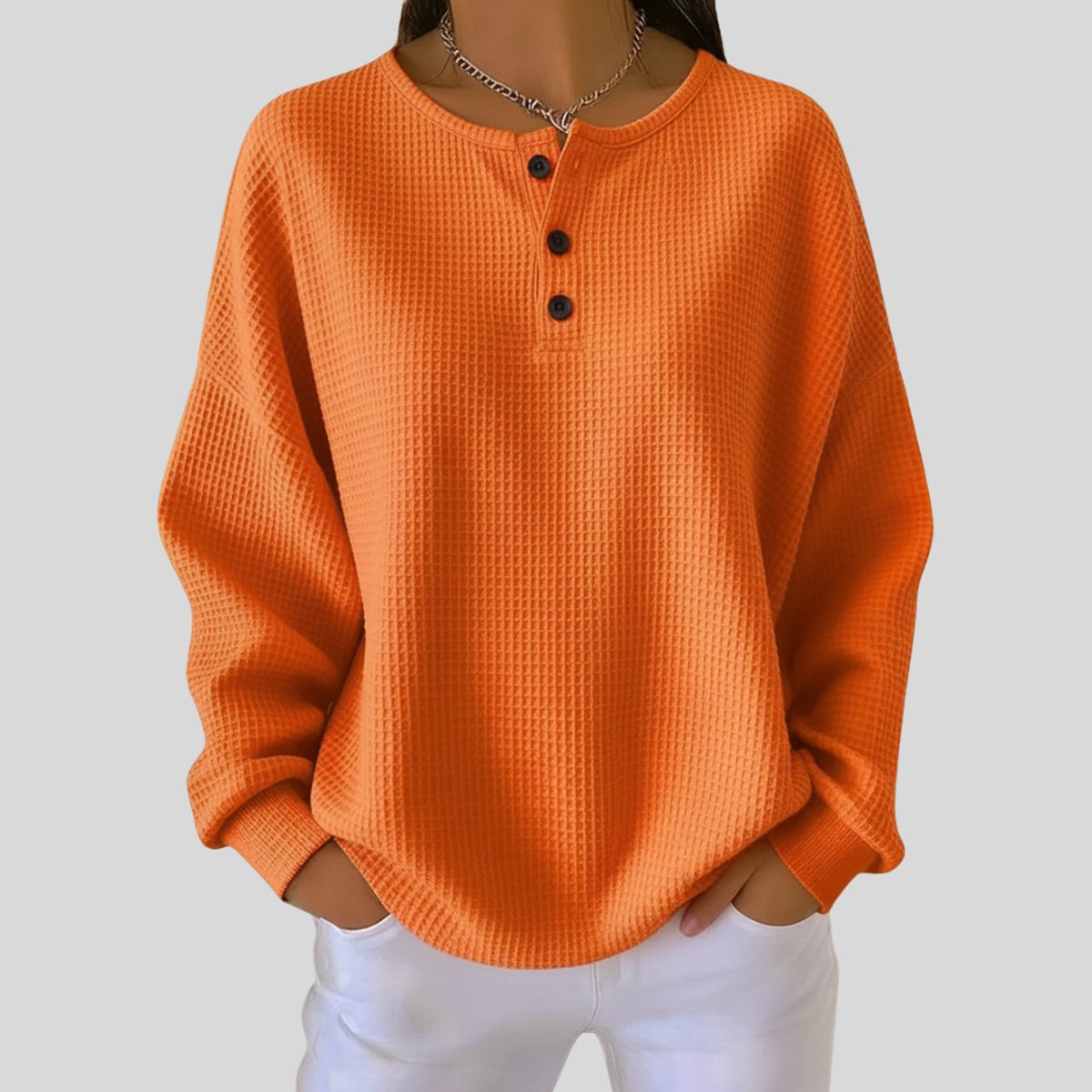 Emma | Women's Oversized Waffle Knit Sweater Henley Pullover Top