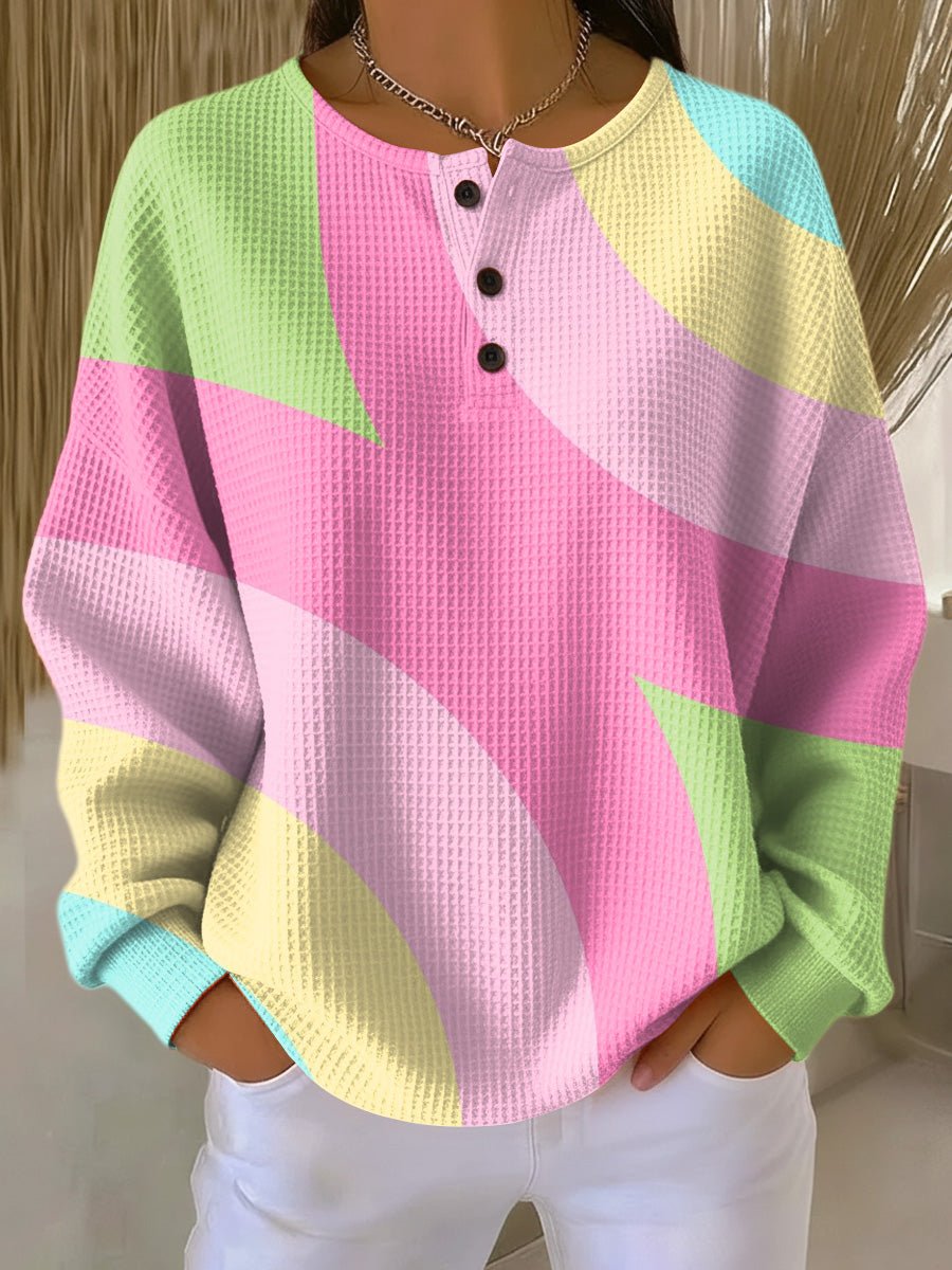 Isabella | Women's Pastel Color Block Waffle-Knit Henley Pullover Sweater