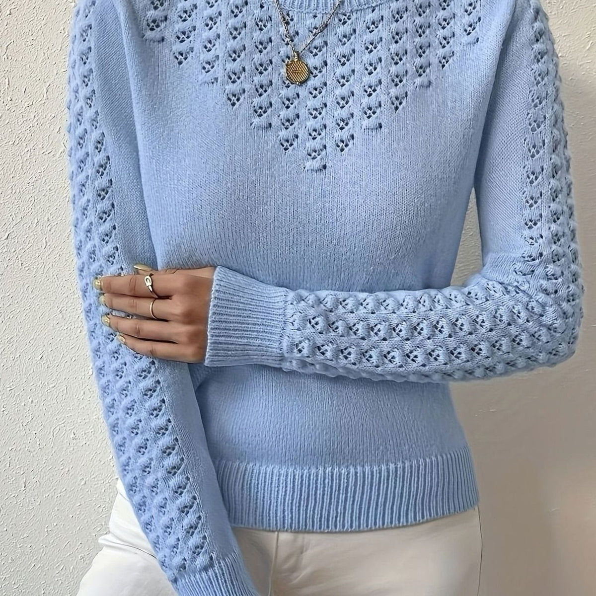Layla | Women's Pointelle-Knit Round Neck Long Sleeve Sweater