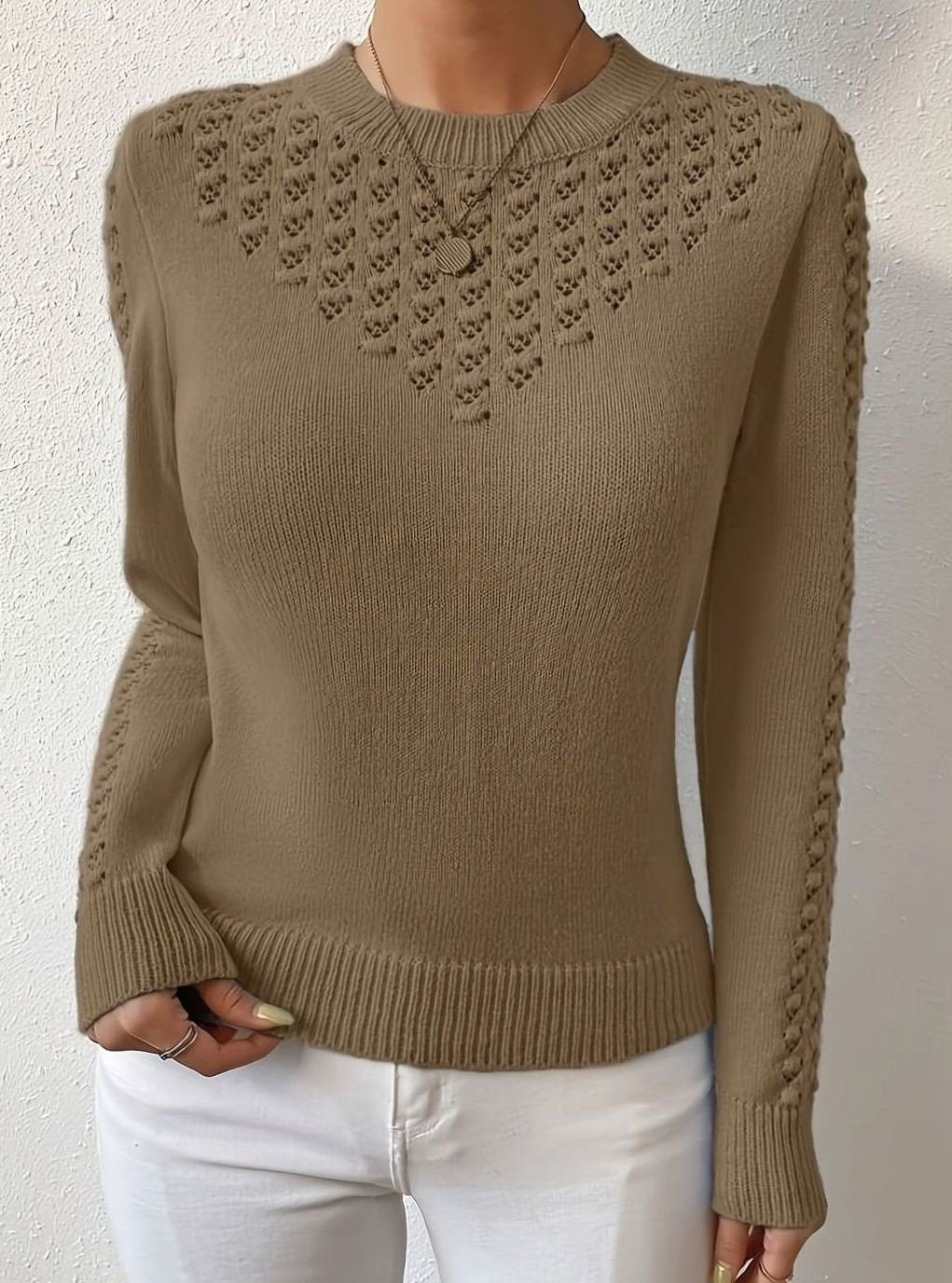 Layla | Women's Pointelle-Knit Round Neck Long Sleeve Sweater