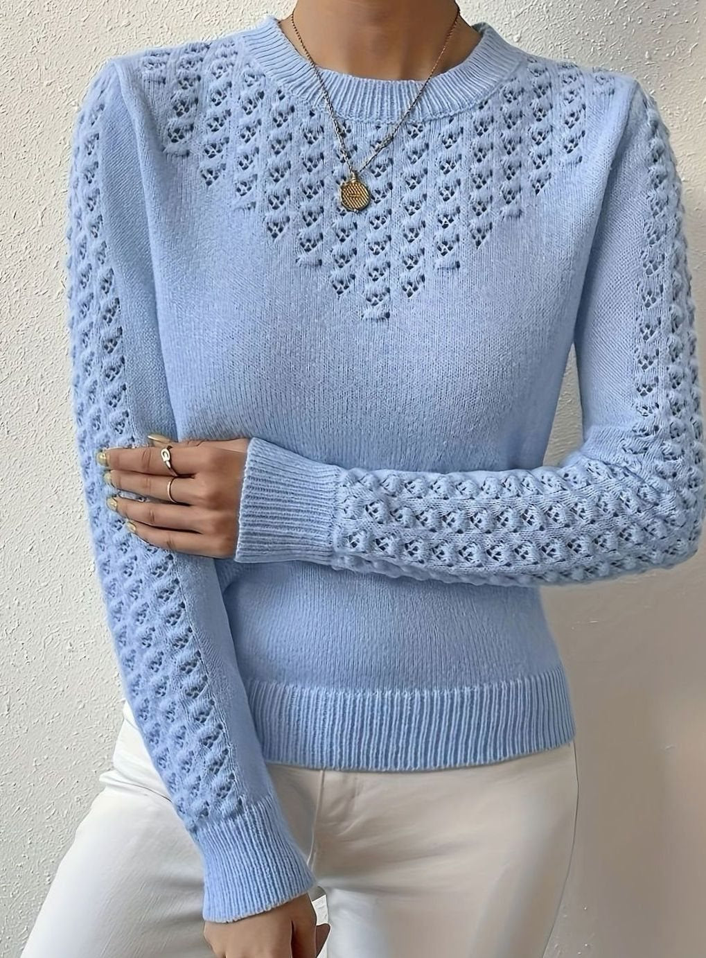 Layla | Women's Pointelle-Knit Round Neck Long Sleeve Sweater