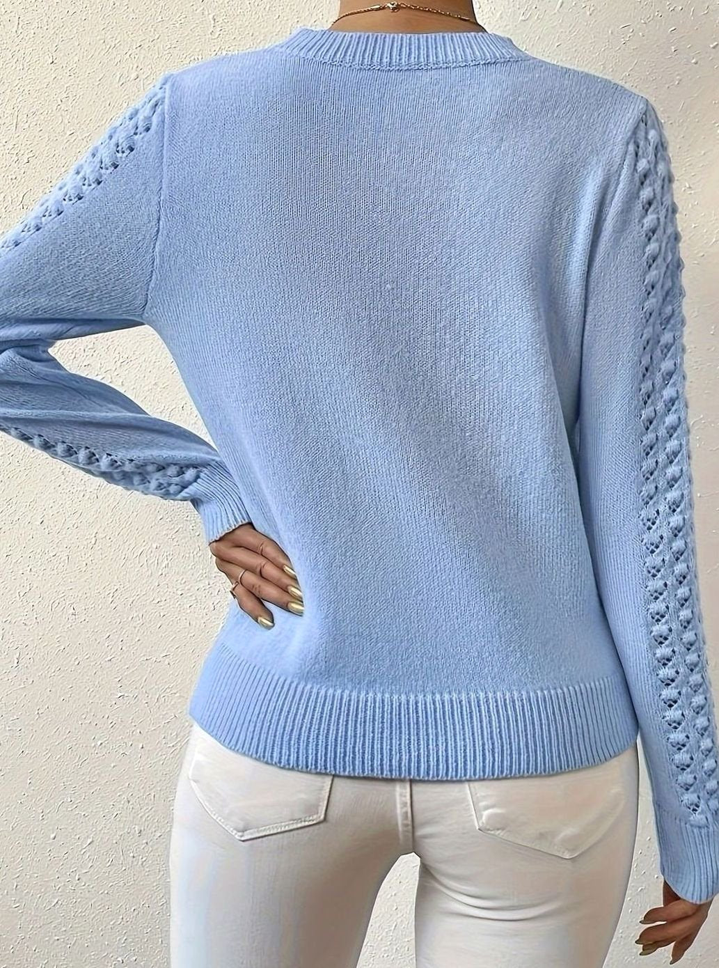Layla | Women's Pointelle-Knit Round Neck Long Sleeve Sweater