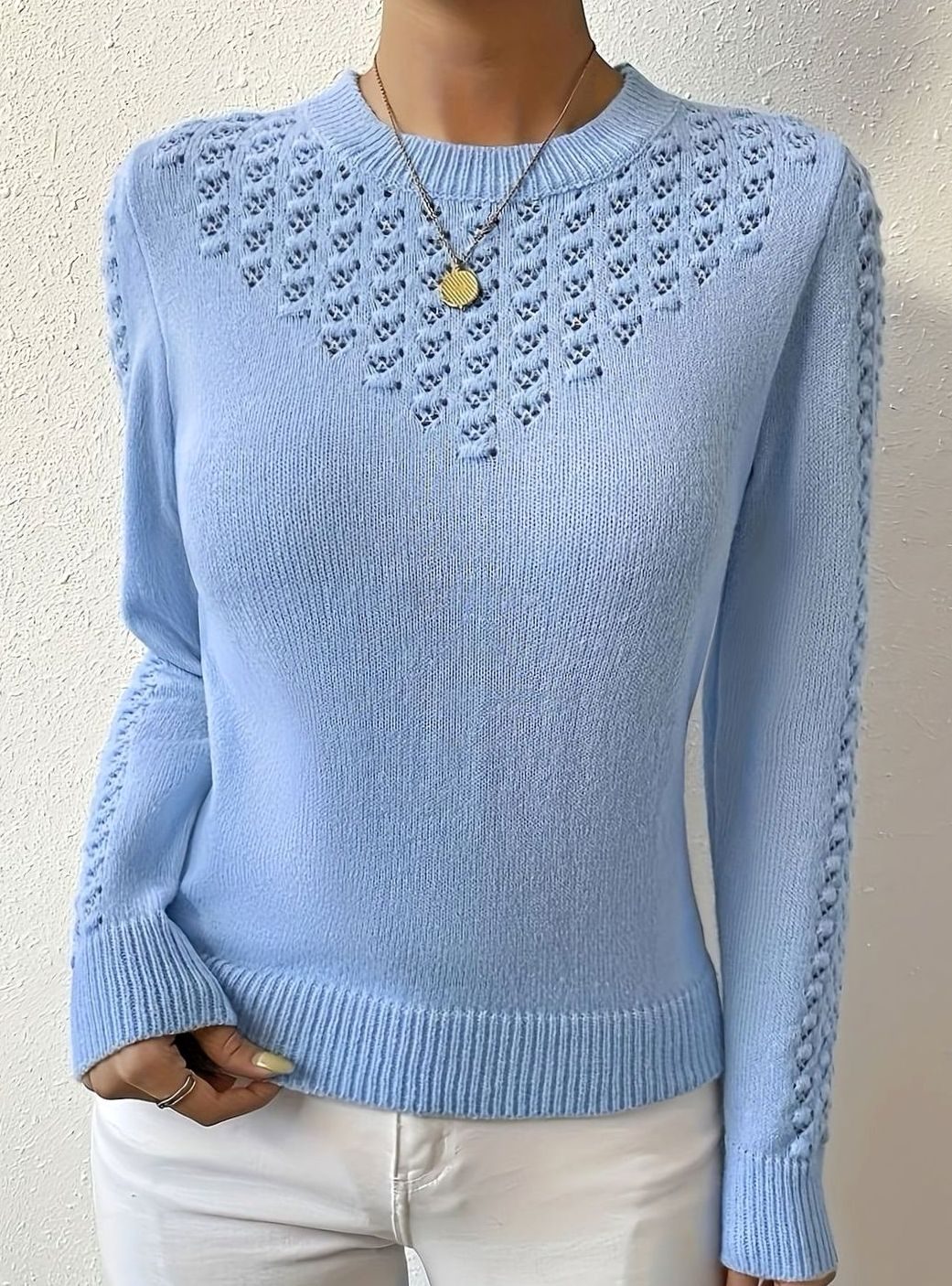 Layla | Women's Pointelle-Knit Round Neck Long Sleeve Sweater