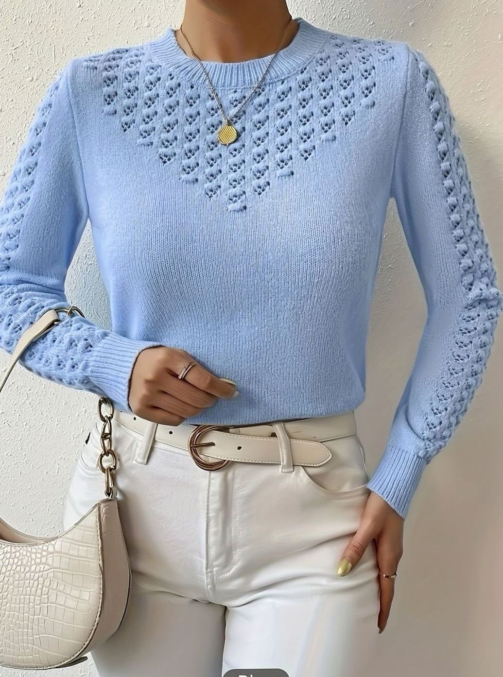 Layla | Women's Pointelle-Knit Round Neck Long Sleeve Sweater