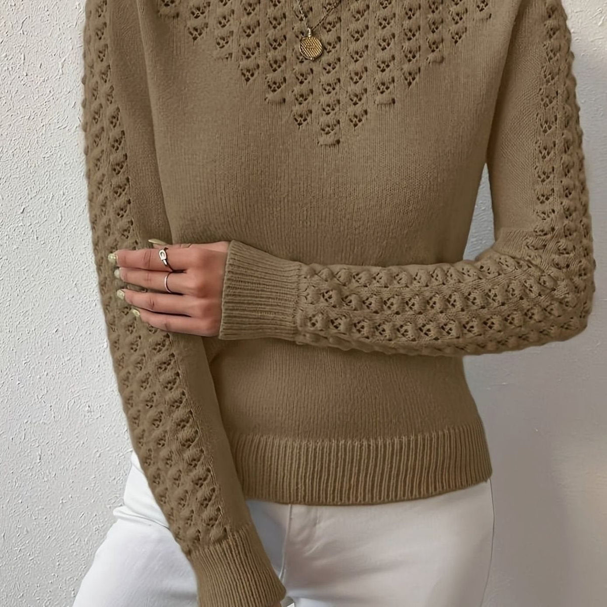 Layla | Women's Pointelle-Knit Round Neck Long Sleeve Sweater