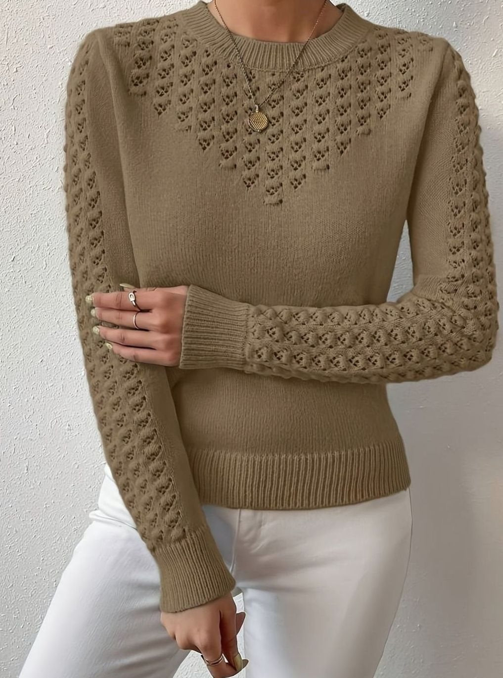 Layla | Women's Pointelle-Knit Round Neck Long Sleeve Sweater