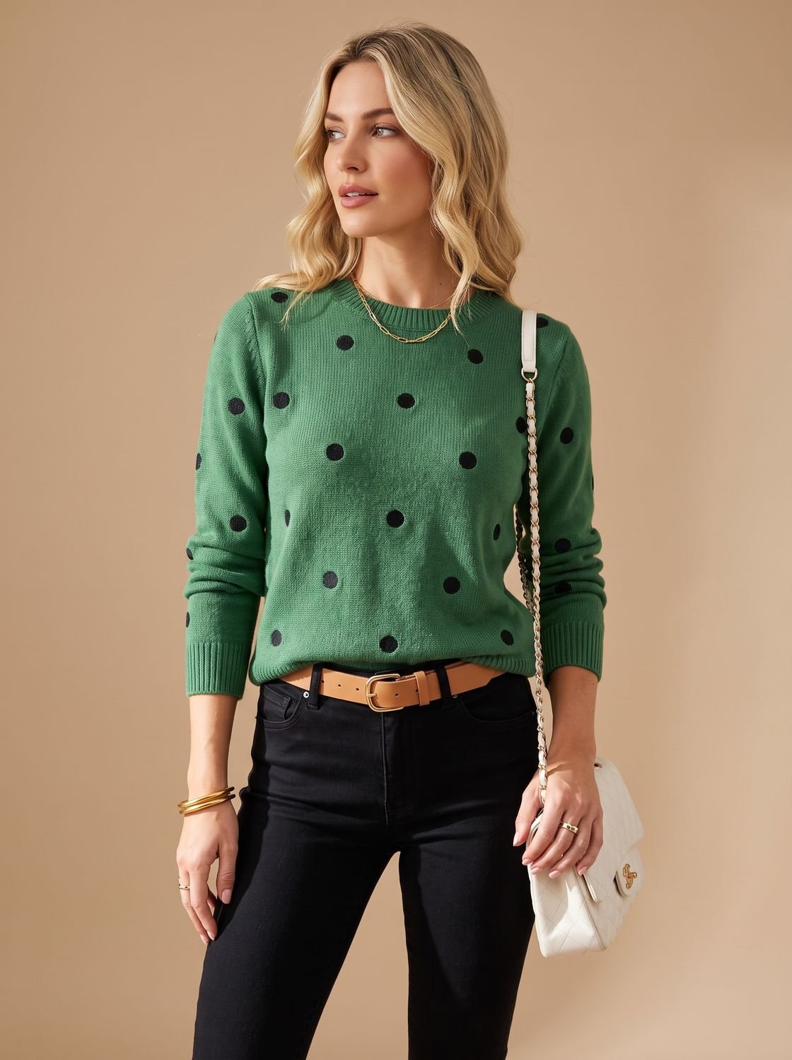 Amelia | Women's Polka Dot Crewneck Knitwear Ribbed-Trim Sweater