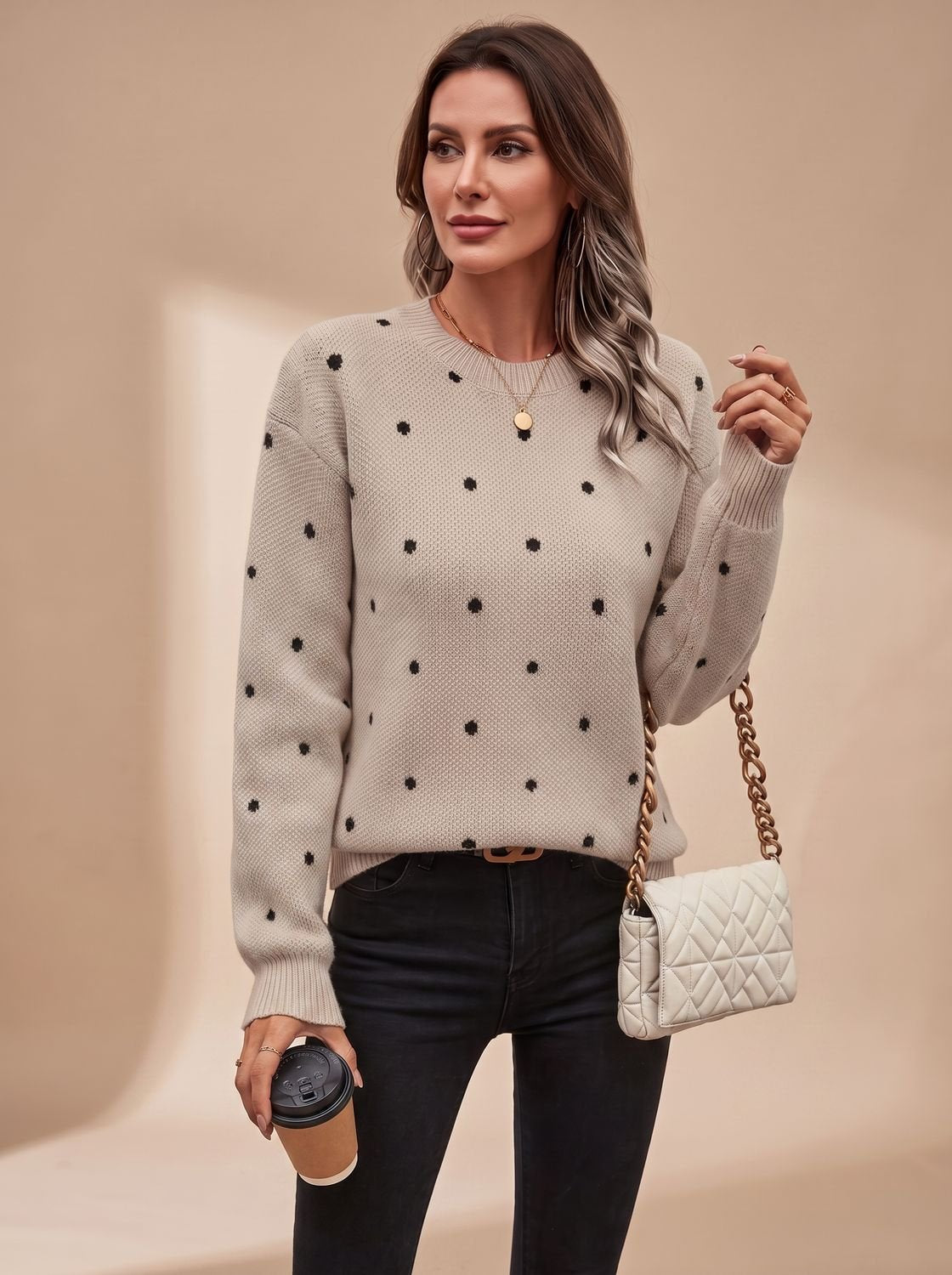 Amelia | Women's Polka Dot Crewneck Knitwear Ribbed-Trim Sweater