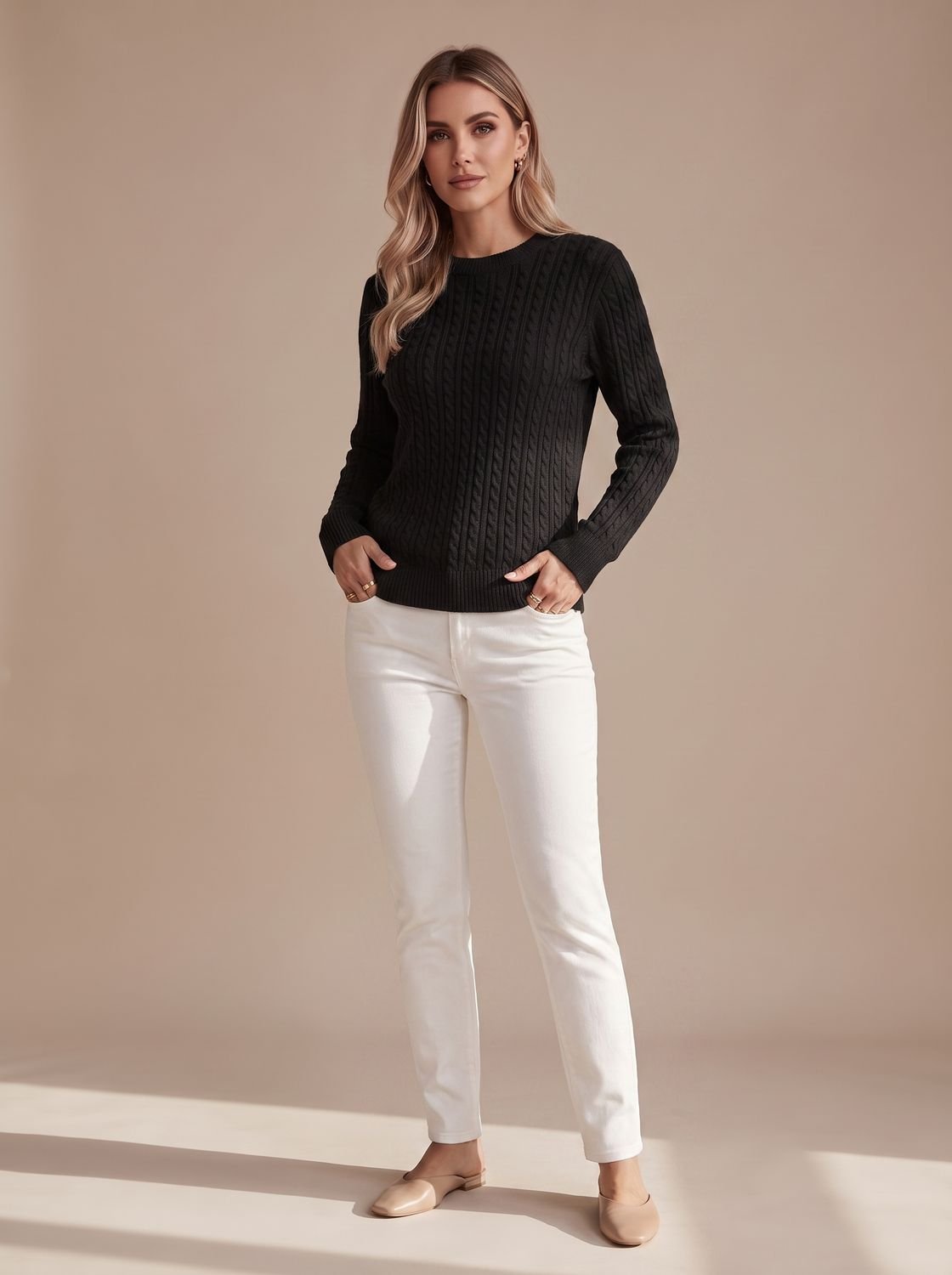 Amelia | Women's Relaxed Cable Knit Crew Neck Sweater