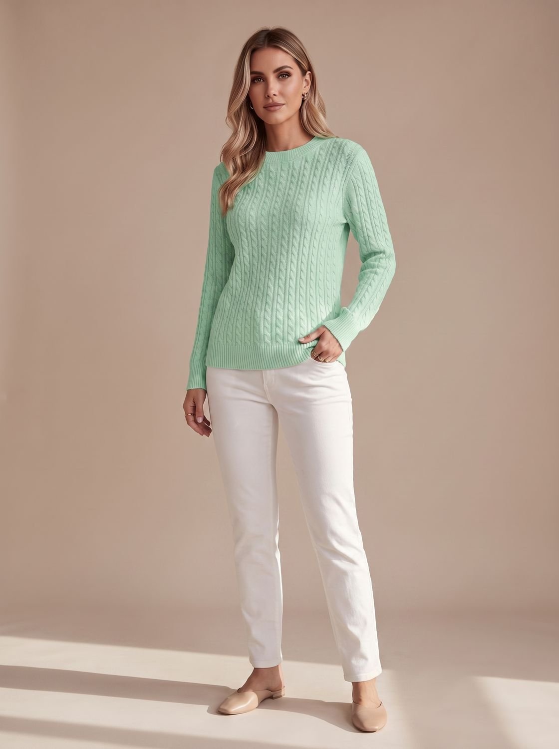 Amelia | Women's Relaxed Cable Knit Crew Neck Sweater