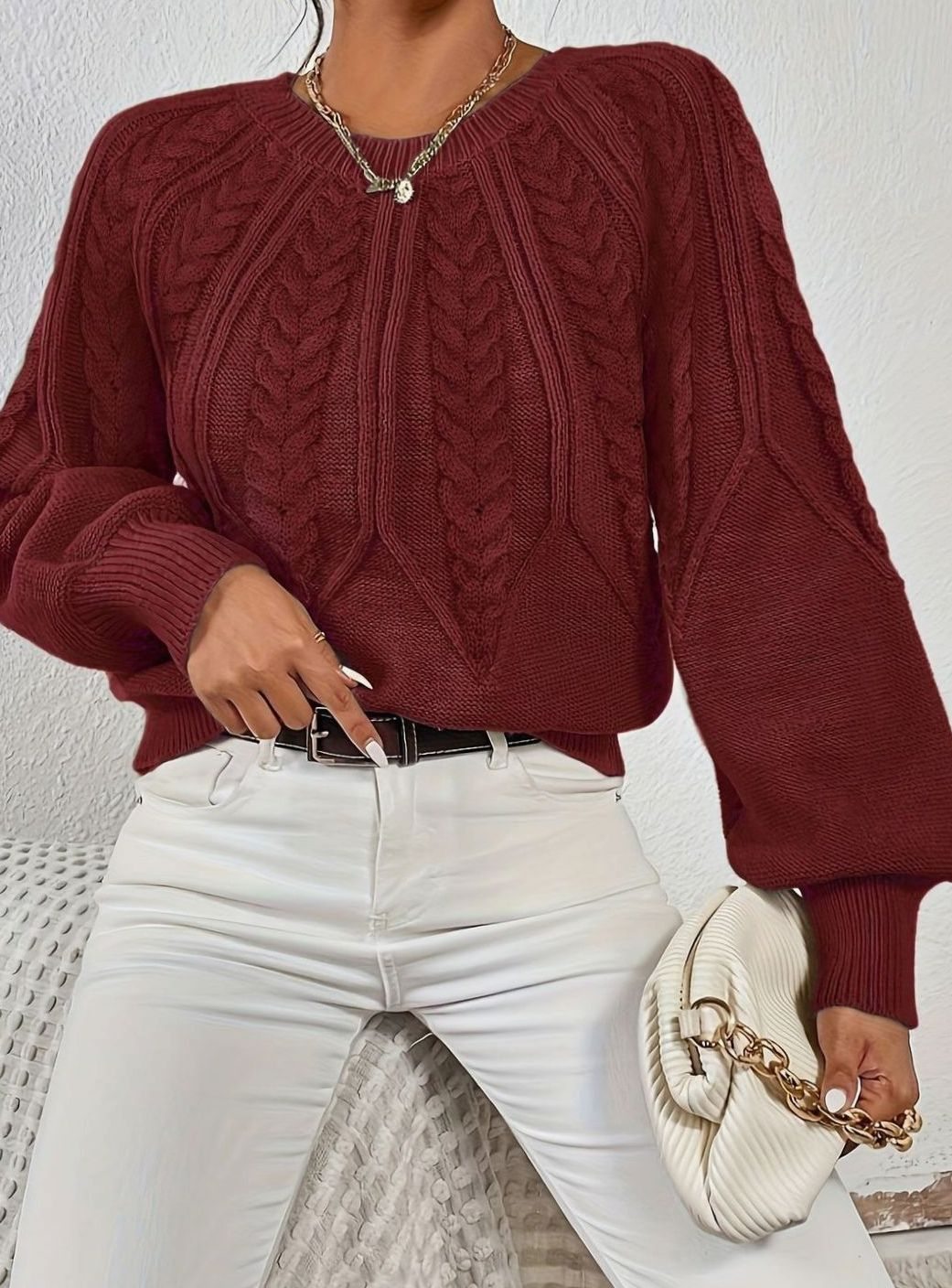 Sophia | Women's Relaxed Cable-Knit Lantern Sleeve Sweater