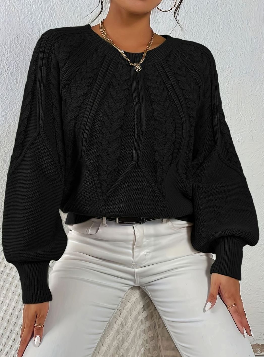 Sophia | Women's Relaxed Cable-Knit Lantern Sleeve Sweater