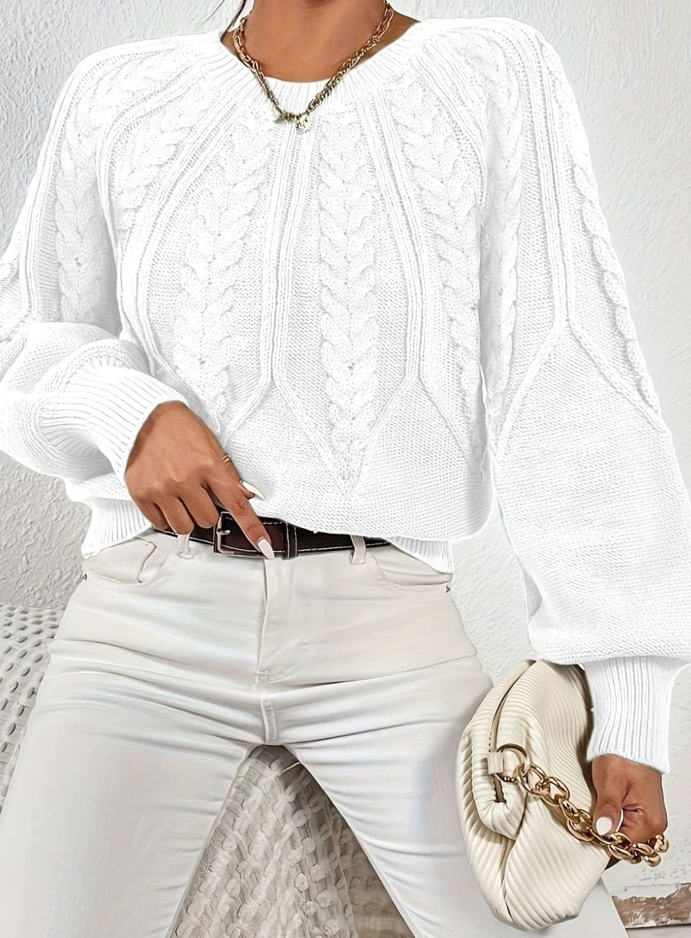 Sophia | Women's Relaxed Cable-Knit Lantern Sleeve Sweater