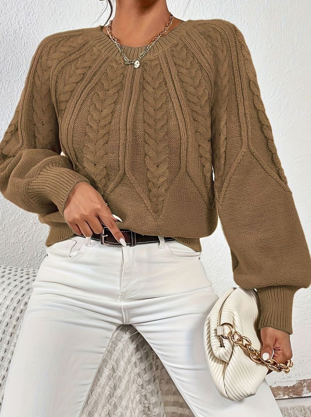 Sophia | Women's Relaxed Cable-Knit Lantern Sleeve Sweater