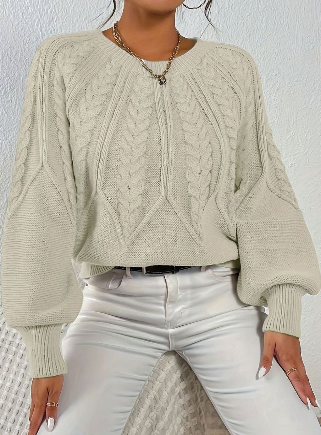 Sophia | Women's Relaxed Cable-Knit Lantern Sleeve Sweater