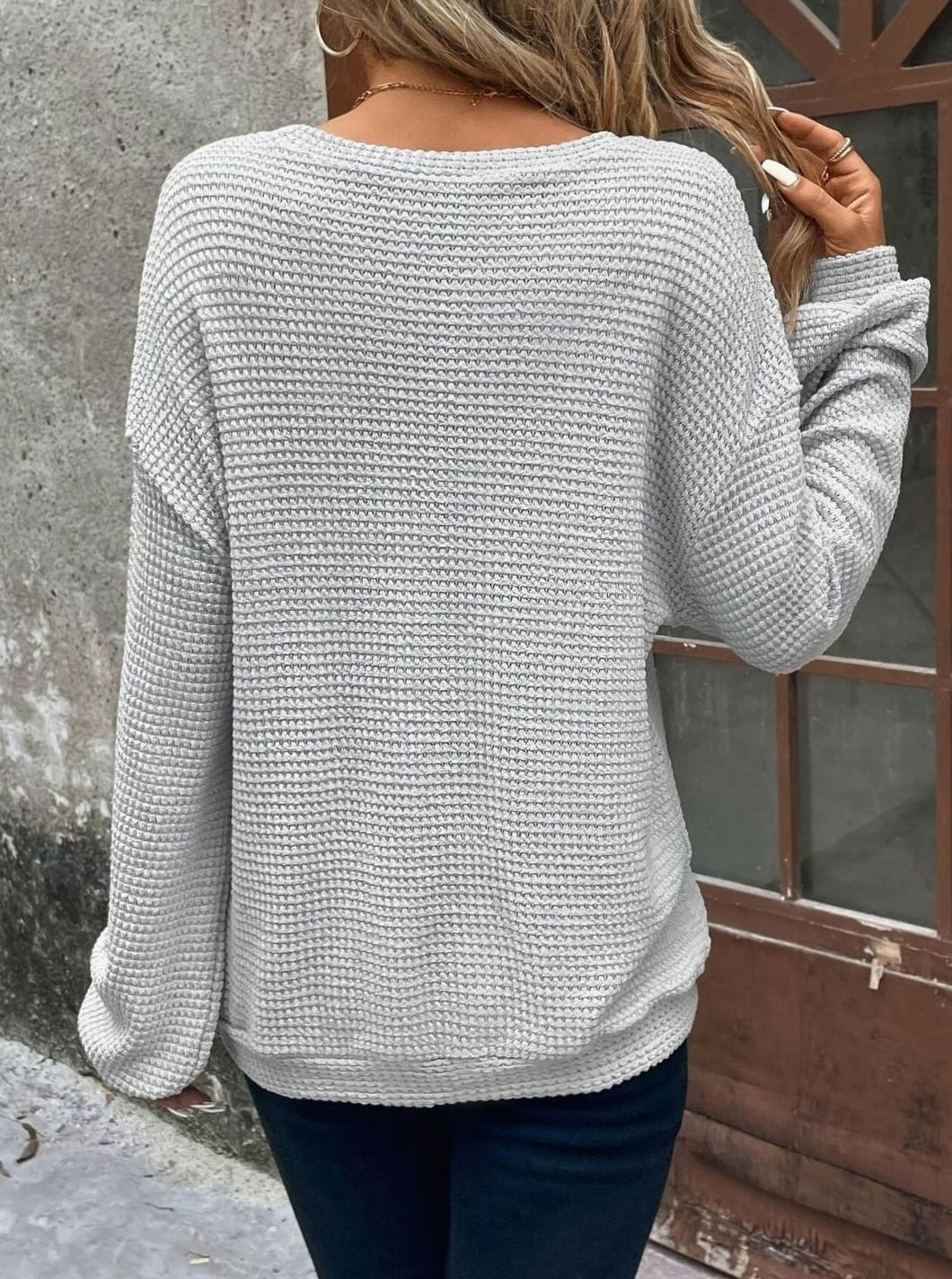 Camila | Women's Relaxed Drop-Shoulder Waffle-Knit Round-Neck Sweater