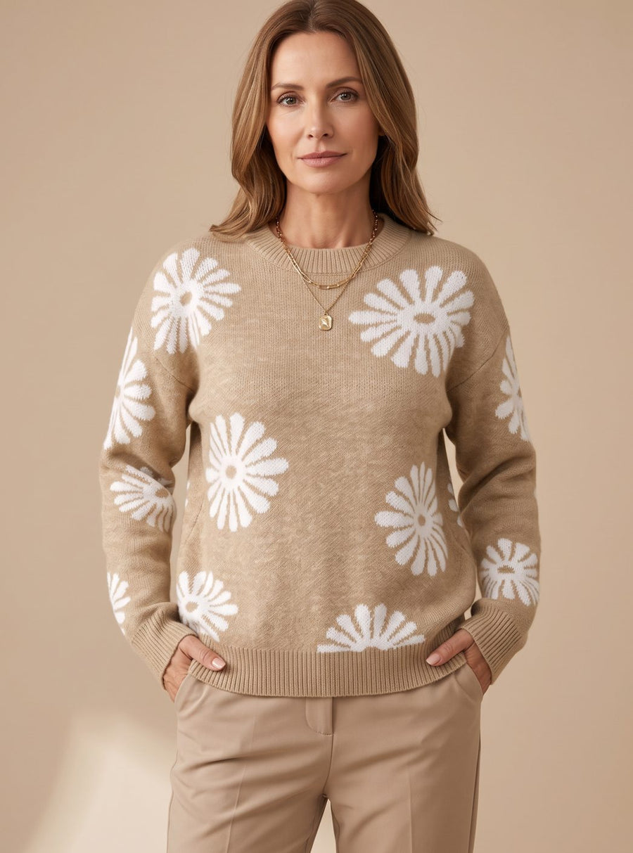 Grace | Women's Relaxed-Fit Floral Intarsia Knit Crewneck Sweater