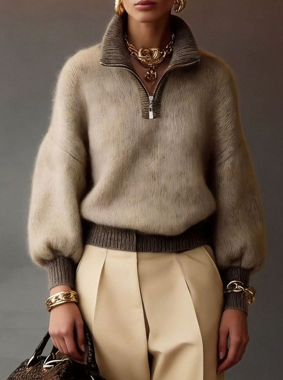 Eleanor | Women's Relaxed Half-Zip Fuzzy Knit Pullover Sweater